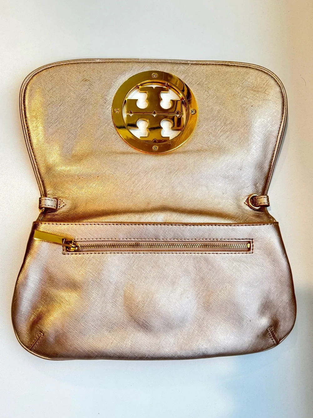 Tory Burch Vintage Metallic Gold Crossbody with Logo Medallion